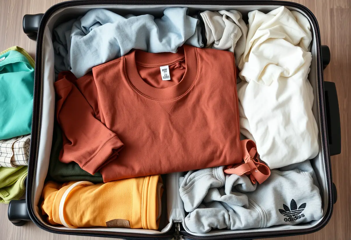 Un tee-shirt plié posé à l'intérieur d'une valise ouverte, entouré de vêtements bien rangés