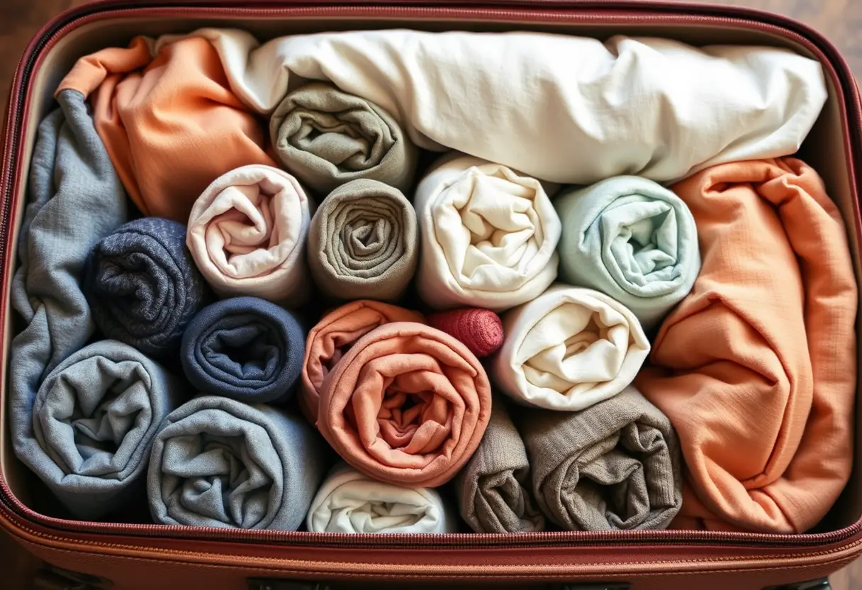 Des vêtements roulés en cylindres et disposés dans une valise, montrant comment utiliser efficacement l'espace