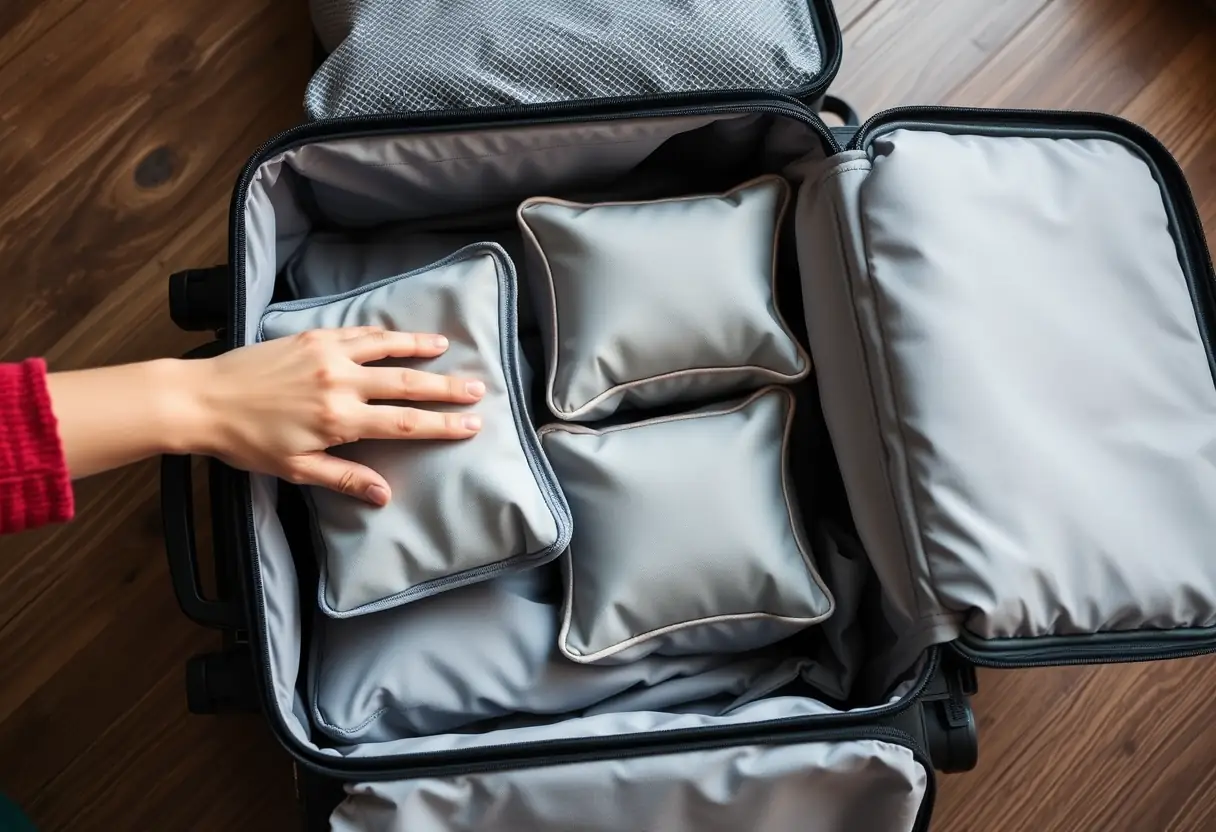 Des cubes de rangement sont bien organisés à l'intérieur d'une valise souple par une main.