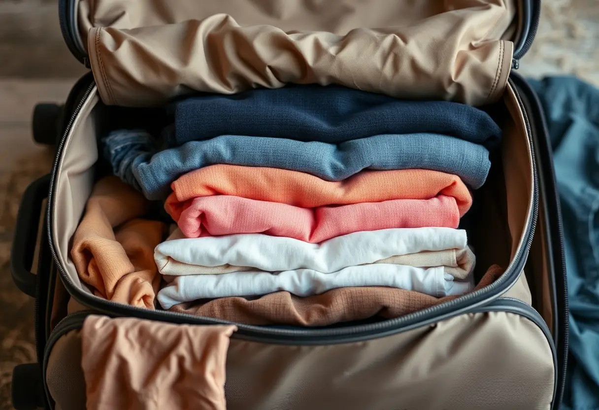 Des vêtements pliés en trois sont empilés dans l'ouverture d'une valise.
