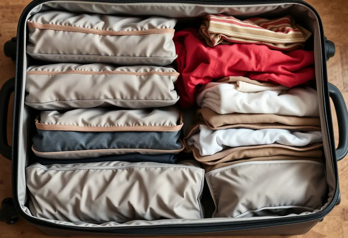 Un paquet de cubes de rangement bien alignés dans une valise, l’un d’eux ouvert révèle des vêtements pliés avec soin