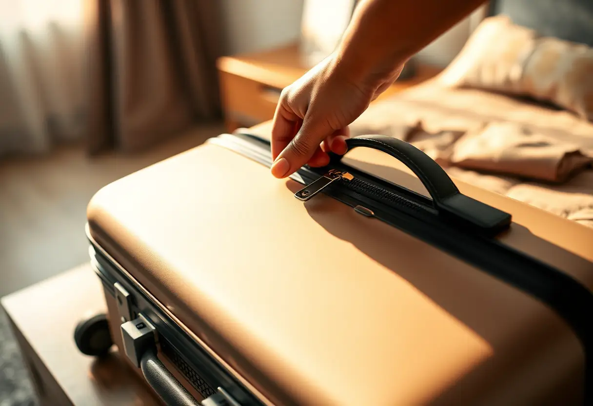Une main refermant la fermeture éclair d’une valise moyenne posée sur une commode de chambre à coucher, la lumière du matin réfléchie sur la surface lisse de la valise