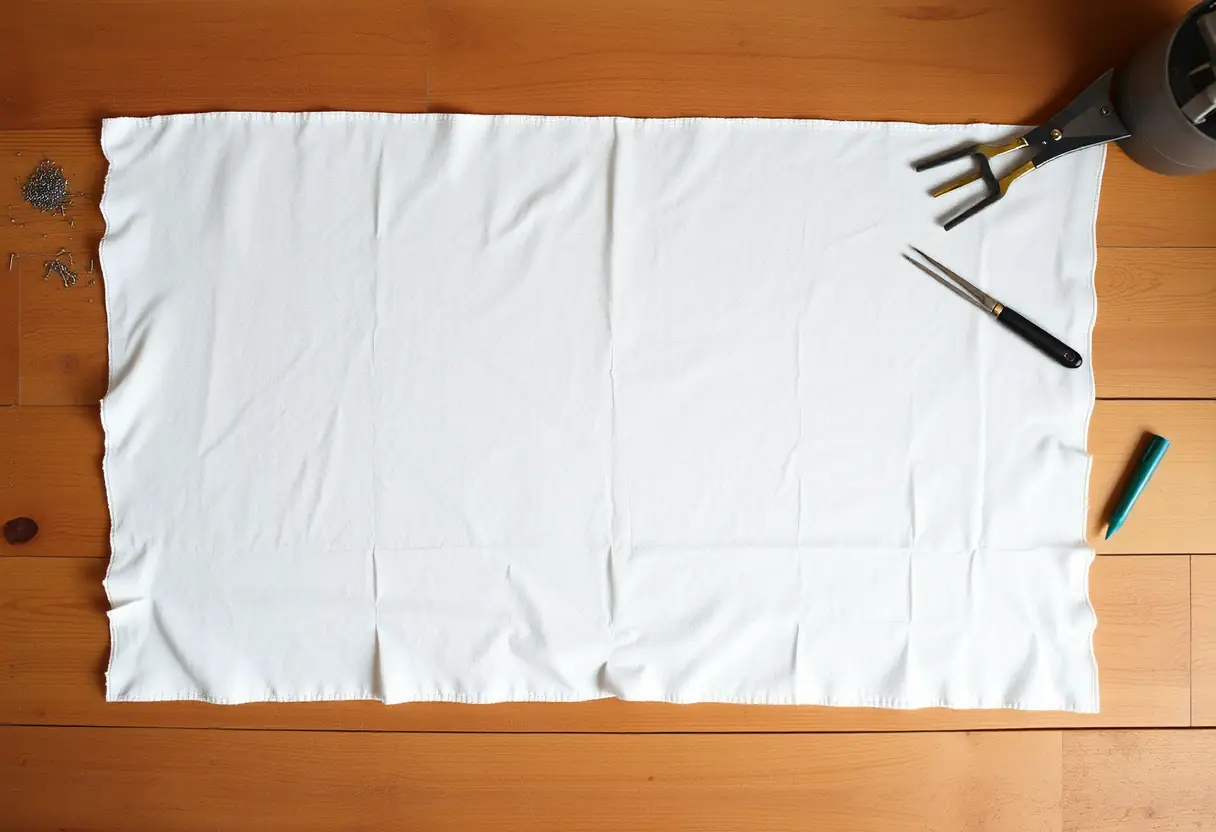 Un rectangle de tissu étalé sur une table en bois avec divers outils comme des ciseaux et des épingles disposés autour