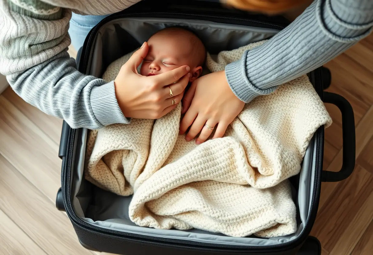 Un parent nouveau plac[e] avec soin un couv[ercle] pli[e] dans une valise ouverte