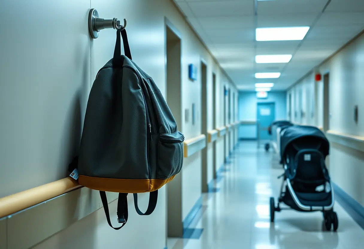 Un sac à dos accroché à un crochet dans un couloir d'hôpital, avec un landau posé à côté