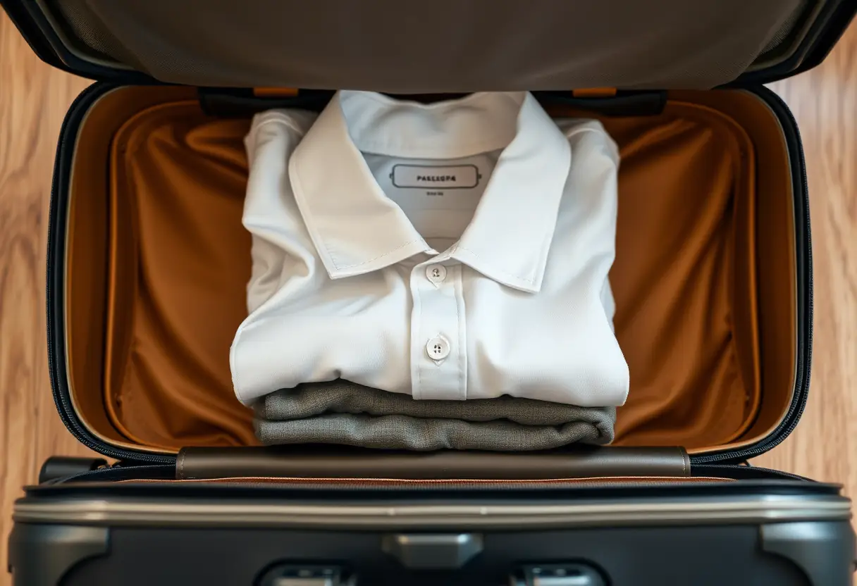 Un vêtement plié est soigneusement déposé dans l'ouverture d'une valise en dur
