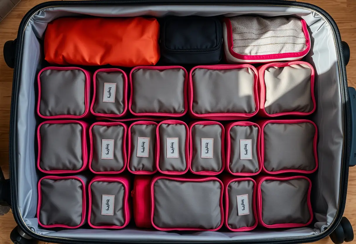 Des cubes de rangement sont disposés en rangées à l'intérieur d'une valise moyenne, vue du dessus
