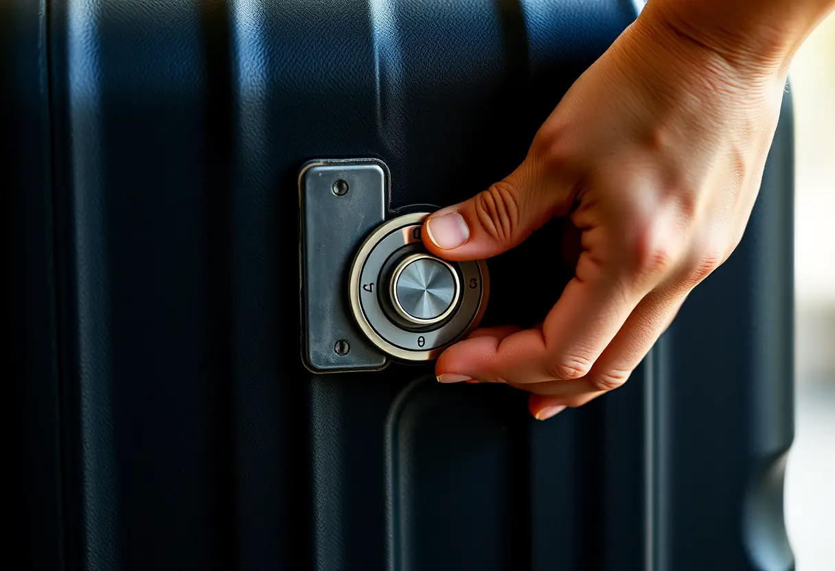 Une main tourne les curseurs du cadenas sur une valise rigide fermée
