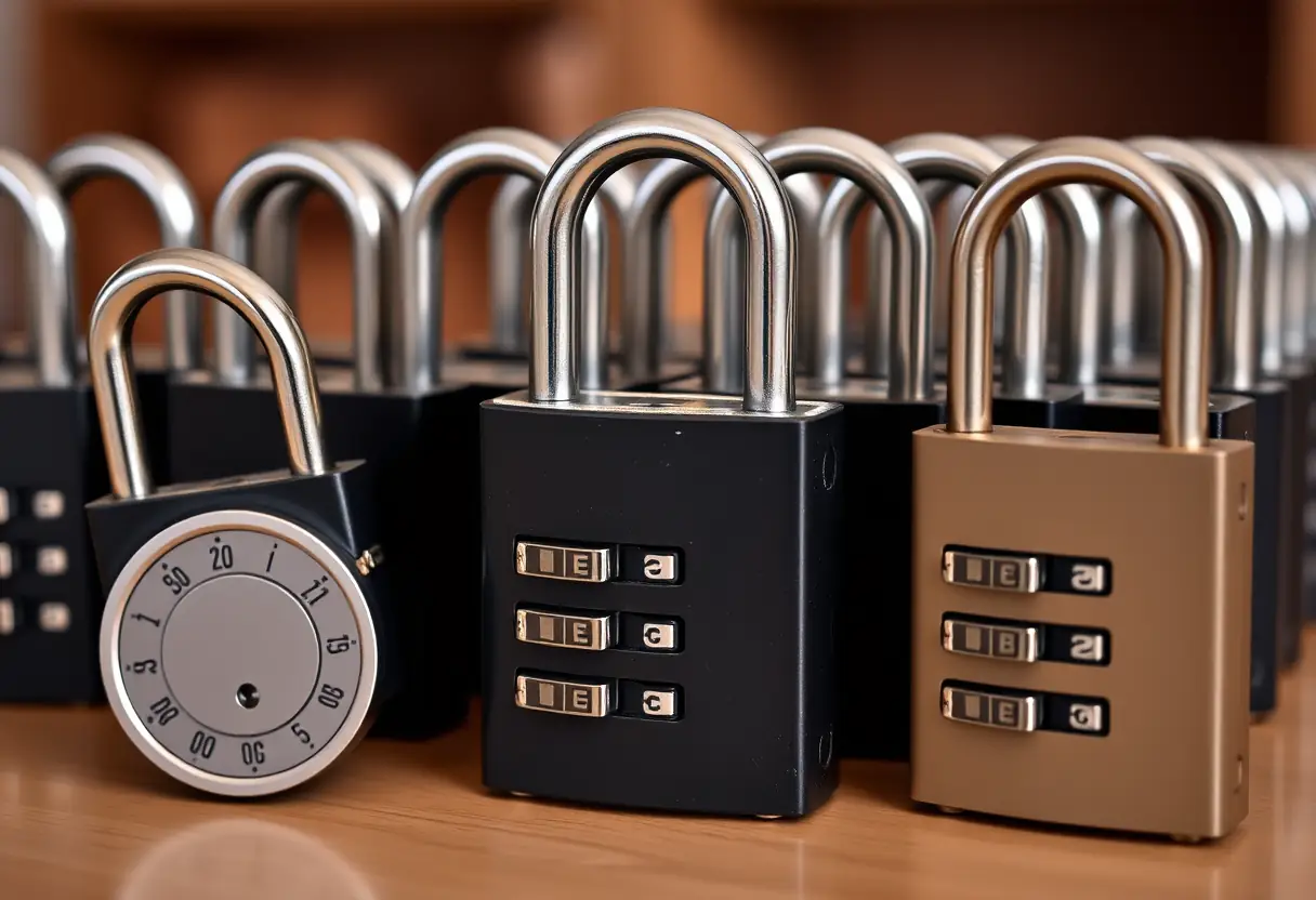 Des cadenas alignés avec soin sur une table, mettant en avant la sécurité et l'ordre