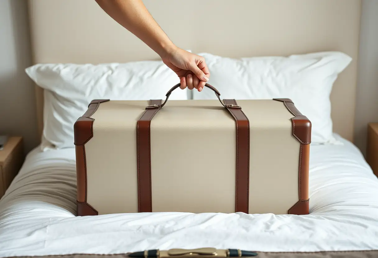 Une valise rectangulaire fermée posée sur un lit fait au lit, une main tendue pour ajuster les sangles qui maintiennent la couverture fermée