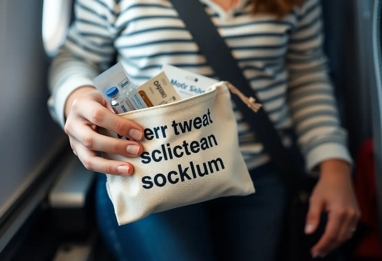 Une personne tenant un petit sac en toile contenant les objets essentiels pour la mal de transport