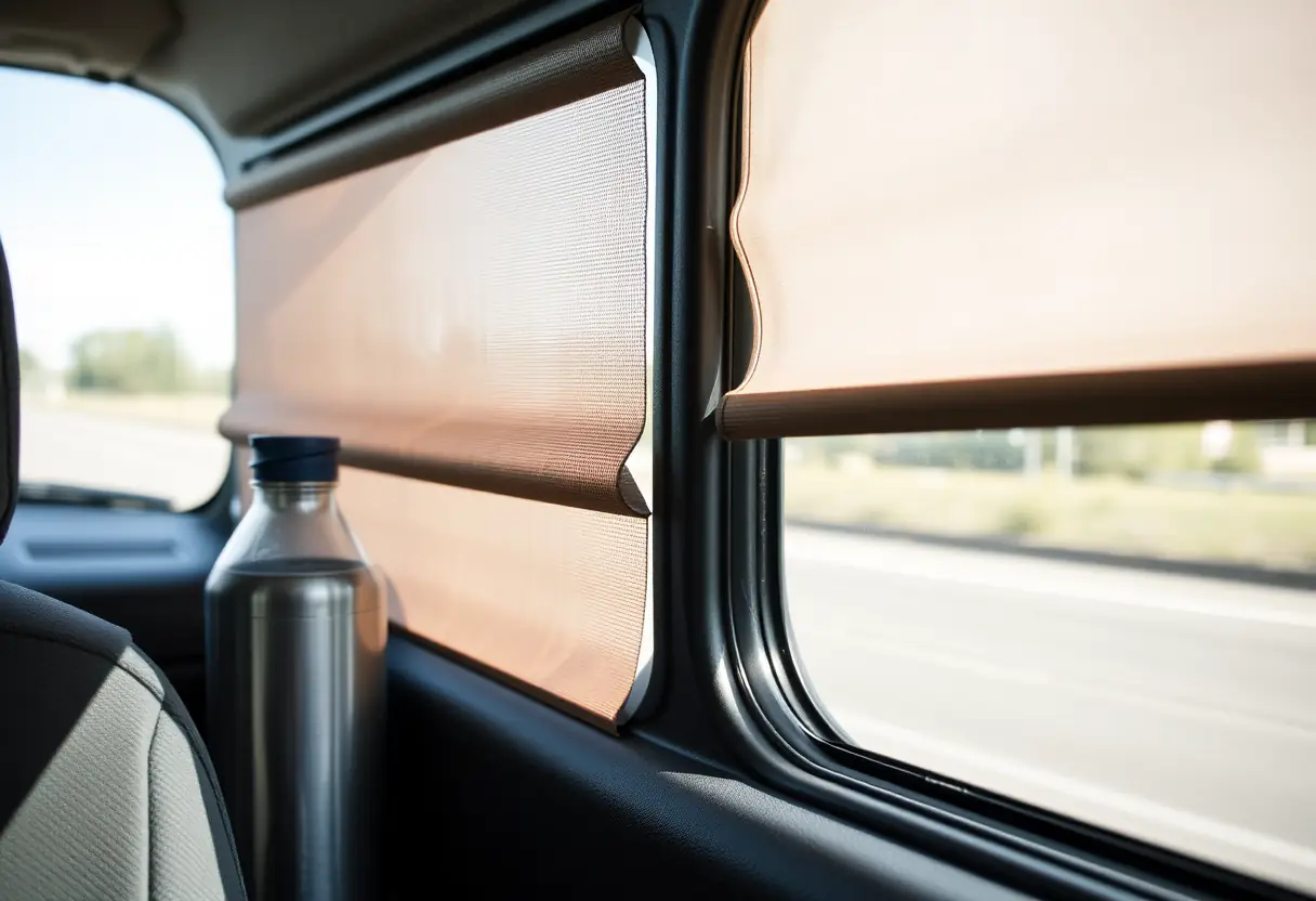 Une bouteille d'eau métallique fermée posée à côté d'un store de fenêtre roulé dans un véhicule en mouvement