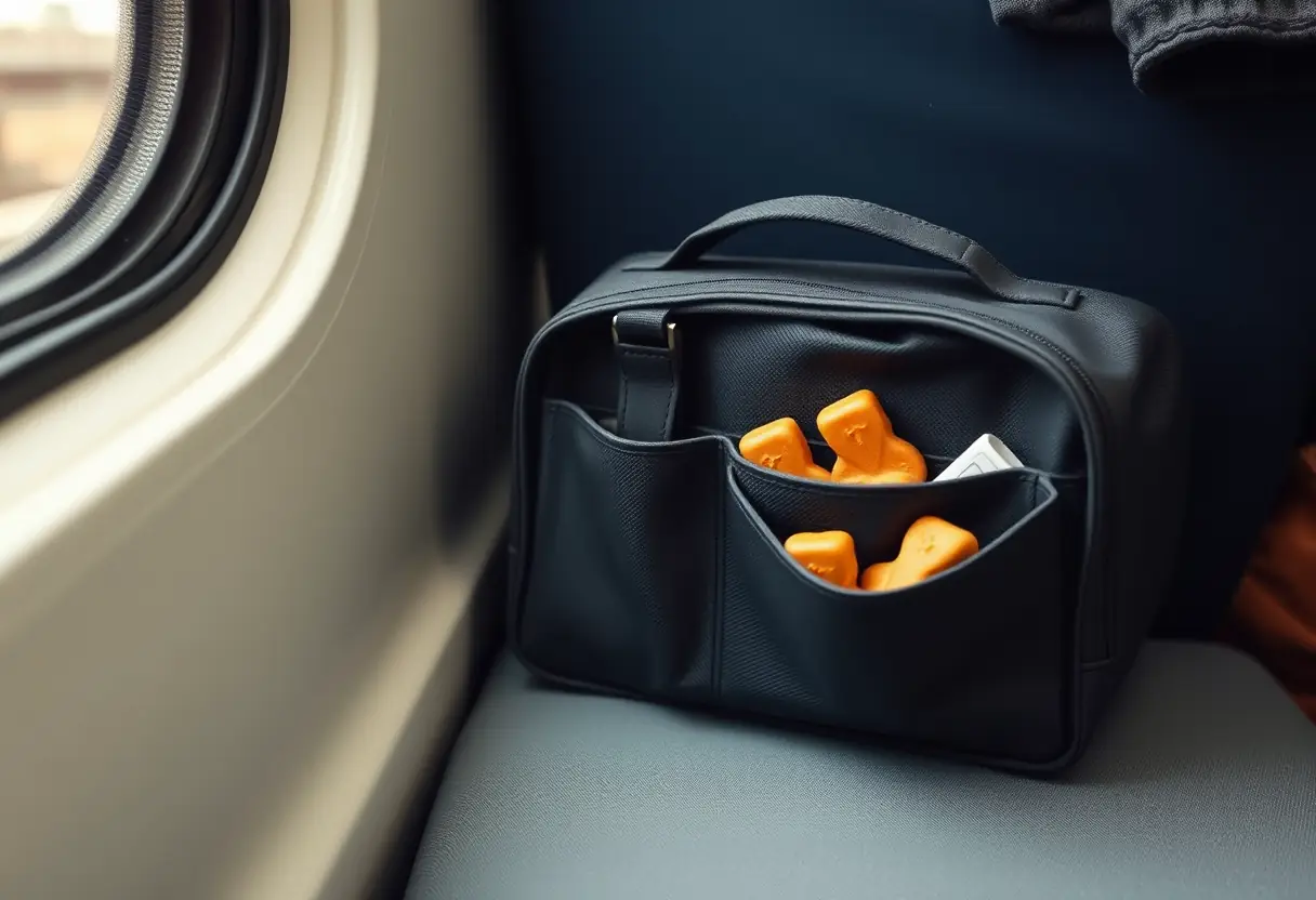 Un sac de voyage en tissu fermé reposant à côté d'un voyageur assis dans un train