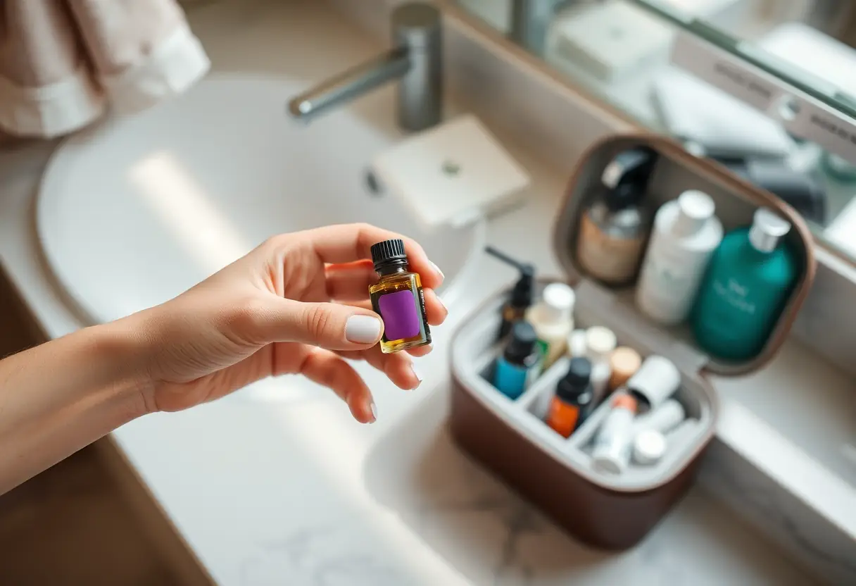 Une main tenant un petit flacon d'huiles essentielles à côté d'un coffret de toilette ouvert sur un meuble de salle de bains