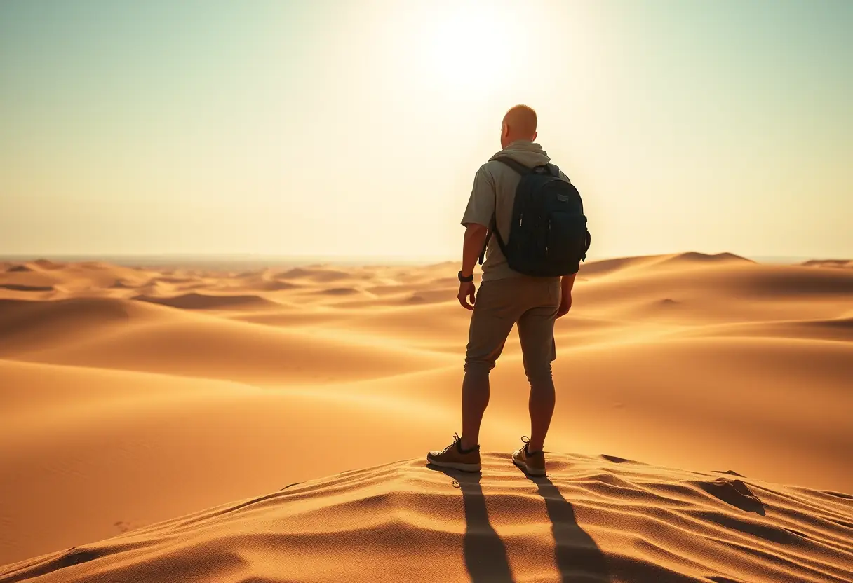 Un voyageur silhouetté au bord du désert marocain, regardant les dunes dorées.