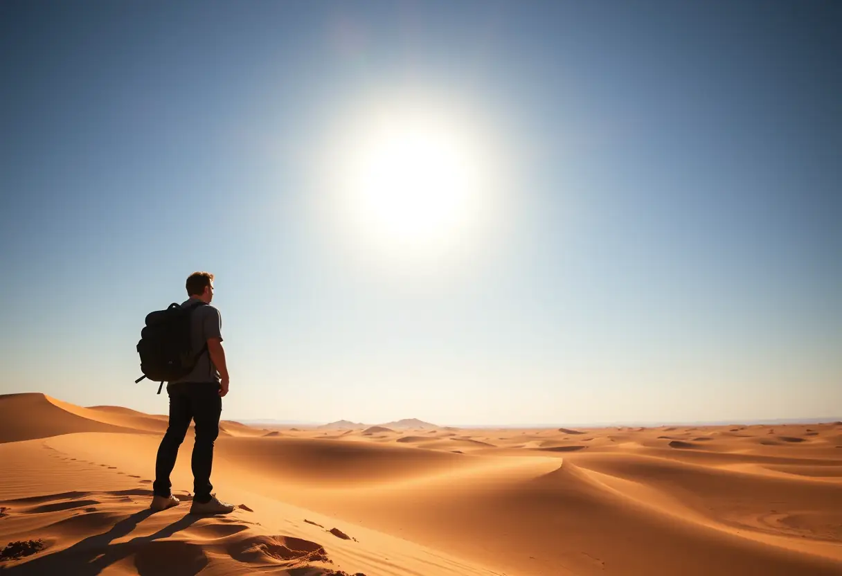 Un voyageur silhouetté au bord du désert marocain, regardant les dunes dorées.