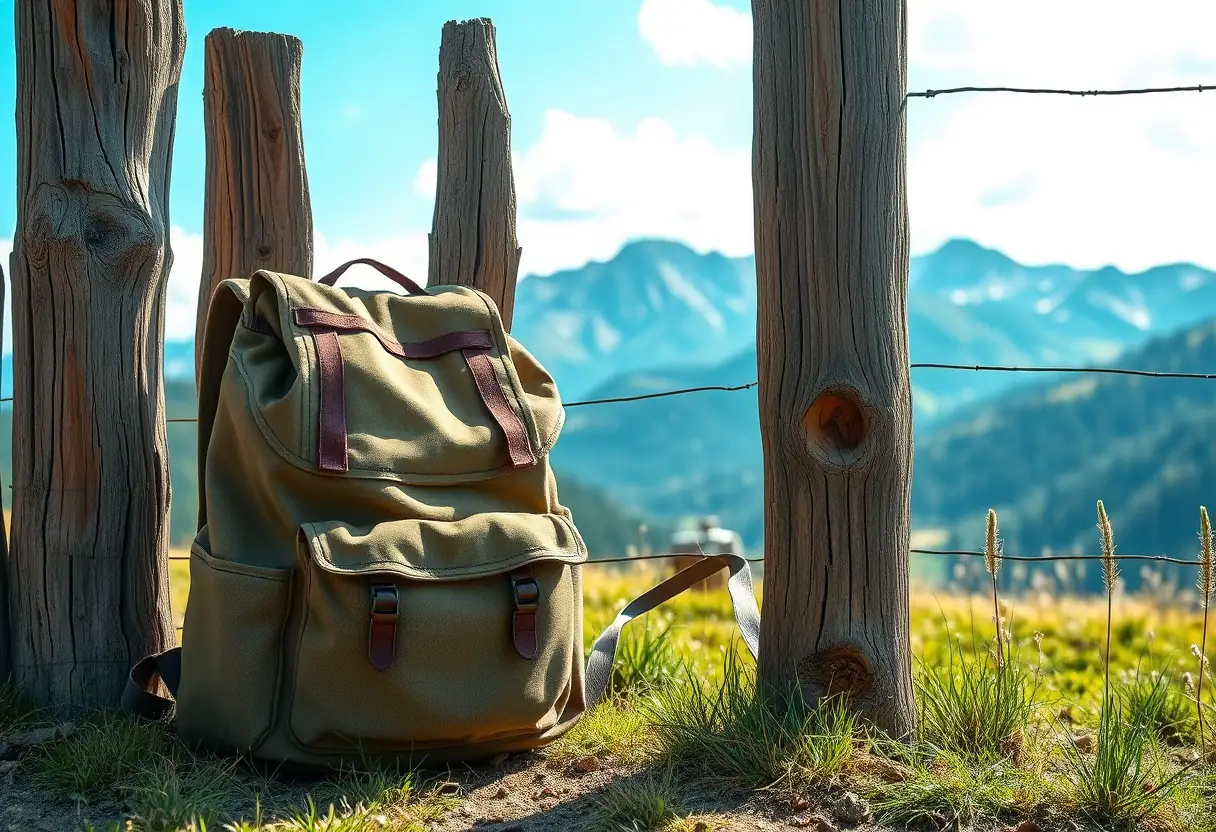 Sac à dos en toile posé contre une clôture en bois face à une vue de montagnes en Espagne