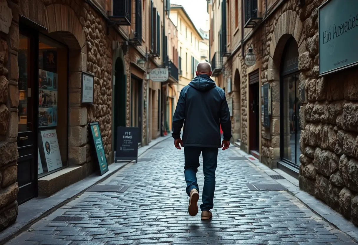 Silhouette de personne marchant sur une rue pavée avec des boutiques traditionnelles en arrière-plan en Espagne