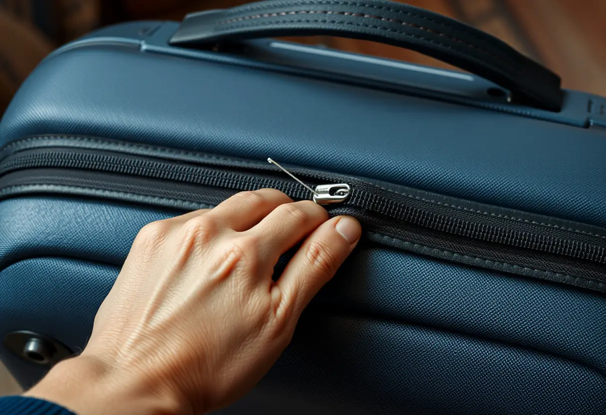 Une main répare une fermeture éclair déchirée sur le couvercle d'une valise avec une aiguille et du fil