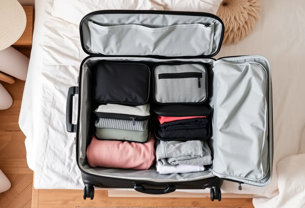Des cubes d'emballage rangés avec soin à l'intérieur d'une valise ouverte sur une commode de chambre à coucher, avec des vêtements pliés placés à l'intérieur des cubes