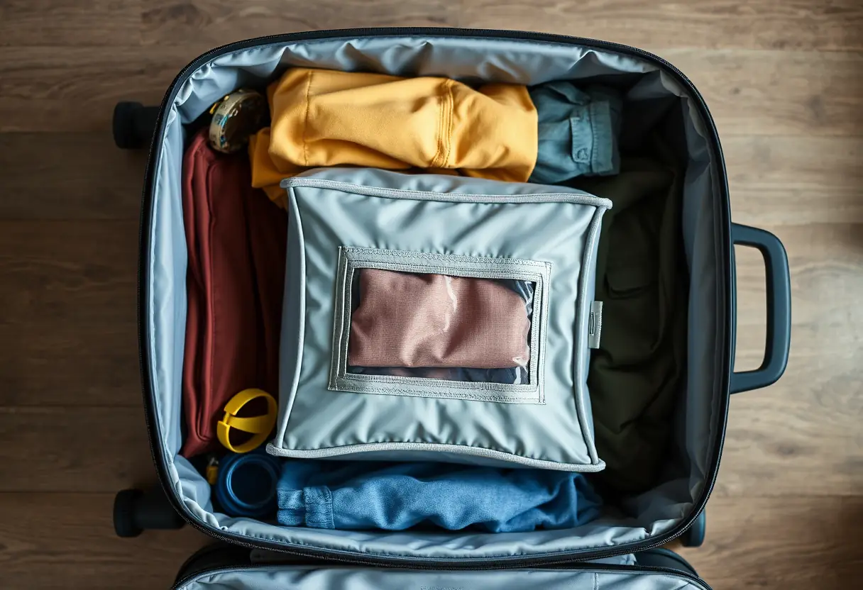 Un cube de rangement carré bien rempli placé à l'intérieur d'une valise rigide ouverte en haut, montrant des vêtements et accessoires bien organisés