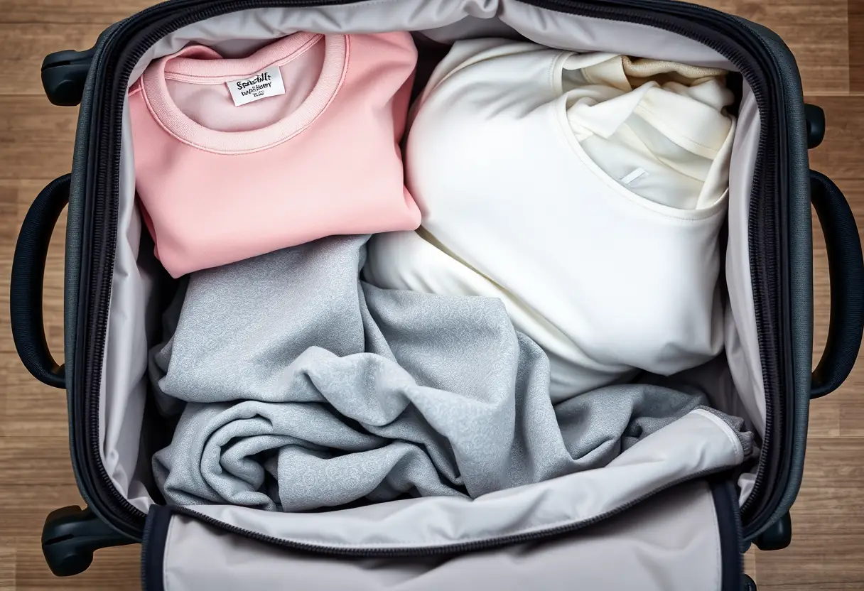 Un sac de voyage à fermeture éclair partiellement ouvert, révélant des vêtements de maternité pliés avec soin
