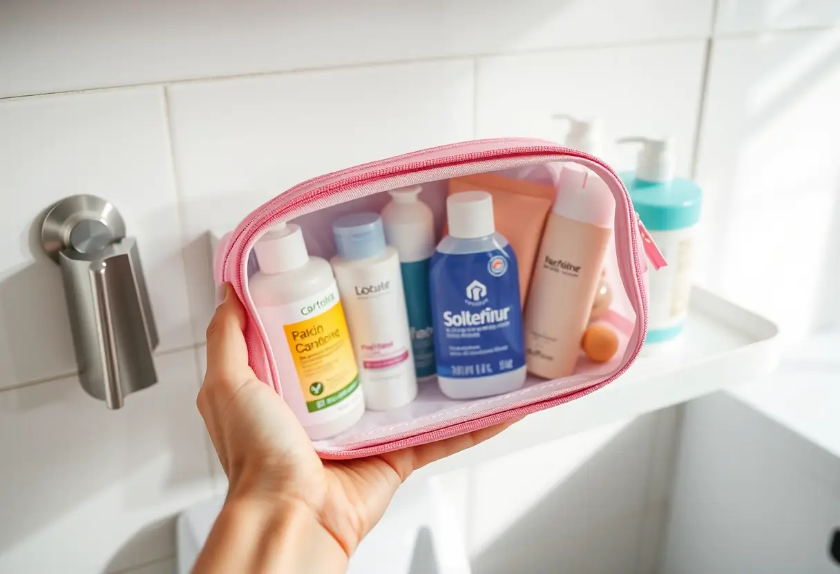 Une main tenant un kit de toilette rempli d'articles d'hygiène de base, posé sur une étagère de salle de bains