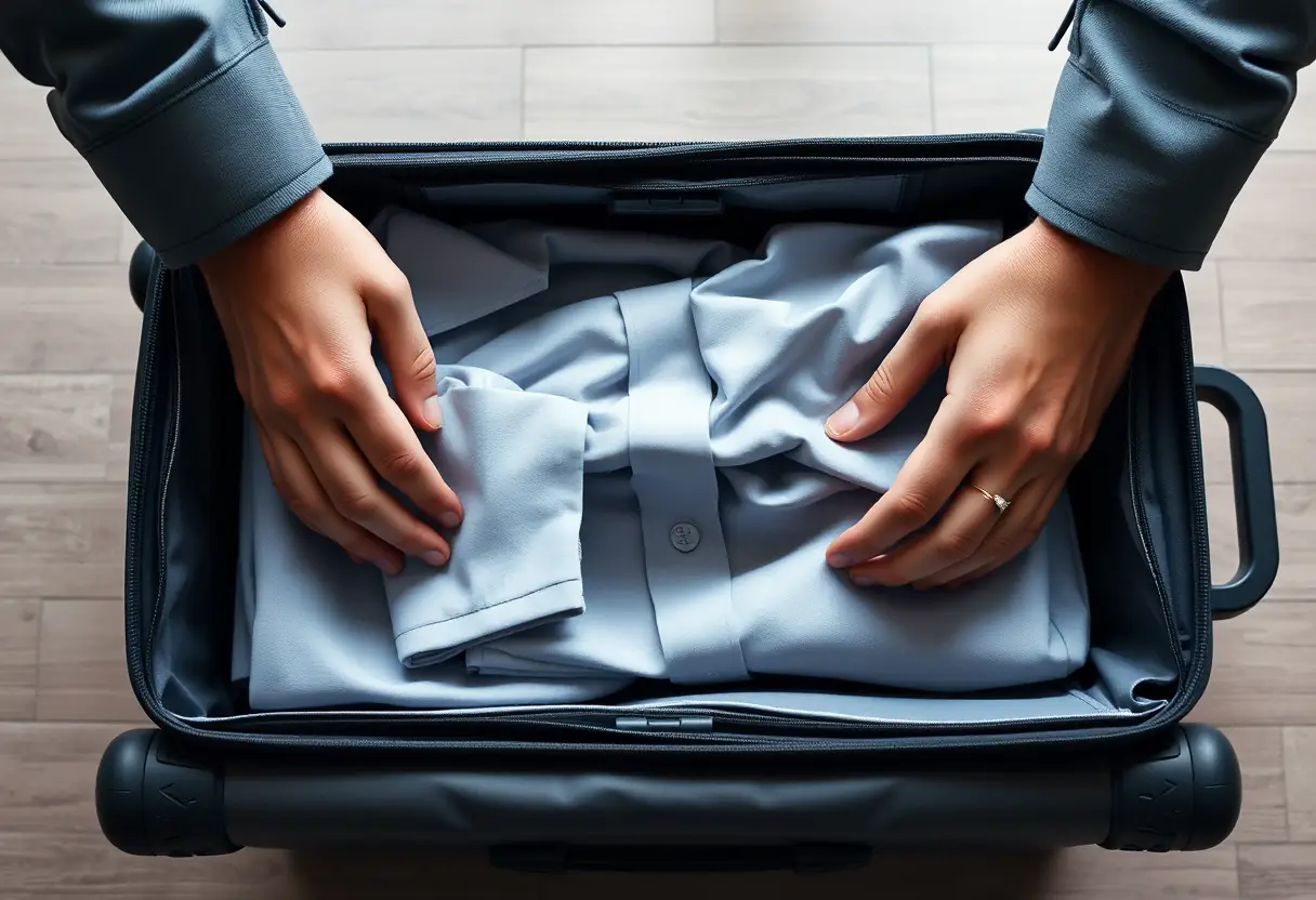 Des mains replient soigneusement un chemisier dans une valise en cuir souple