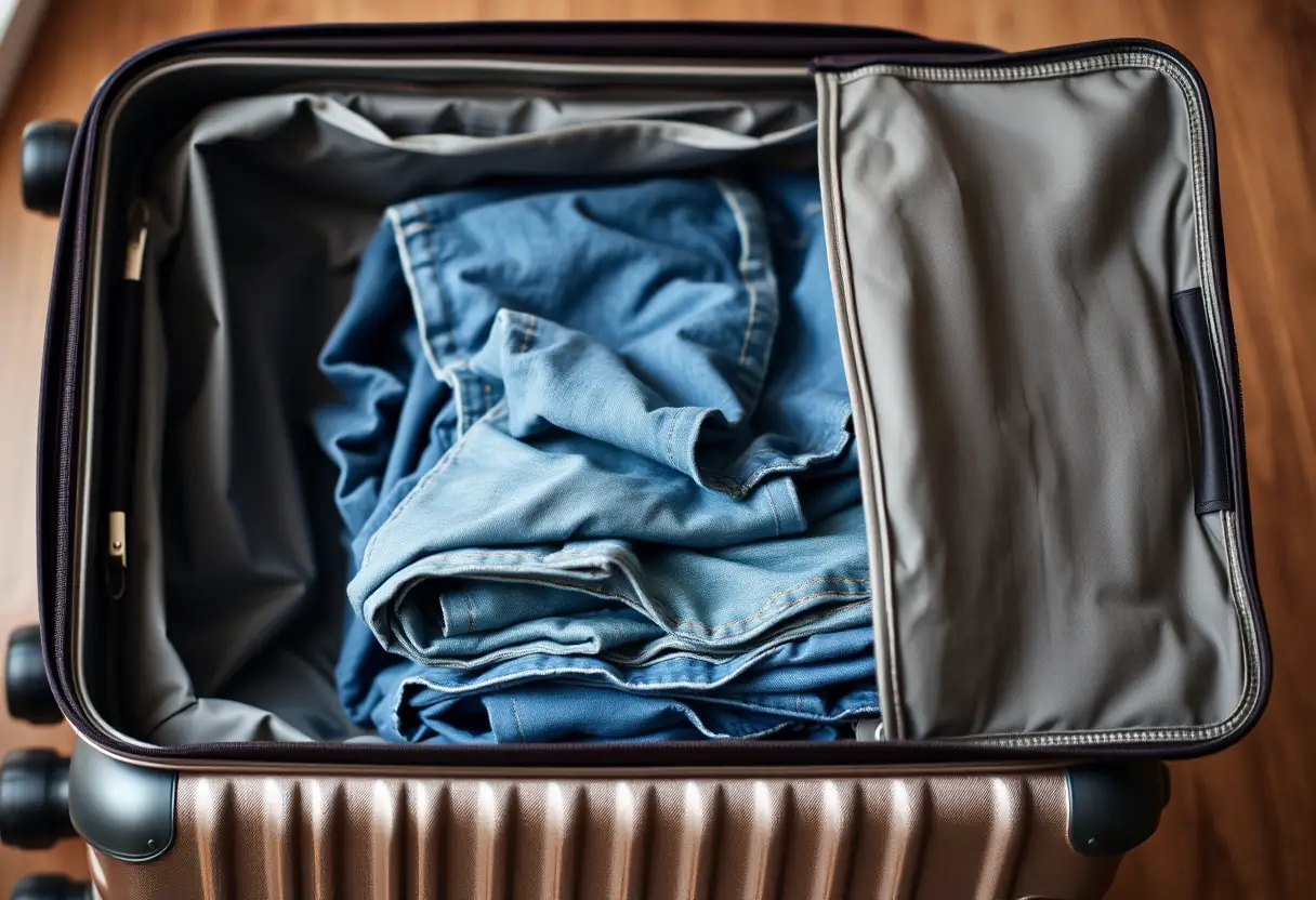Un grand sac de voyage avec son couvercle partiellement ouvert, révélant des jeans pliés avec soin à l'intérieur