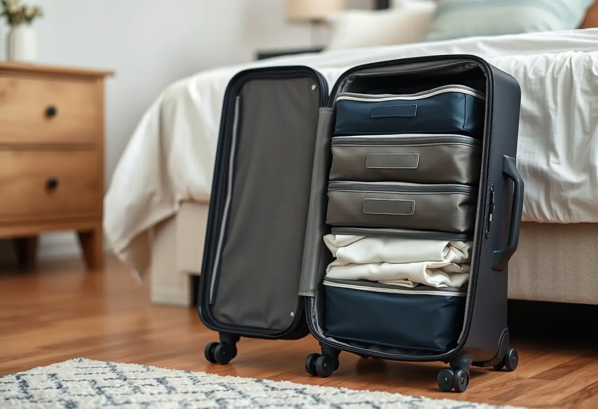 Des cubes de rangement empilés soigneusement à l'intérieur d'un sac de voyage fermé posé sur le plancher d'une chambre, organisés et prêts à être emballés