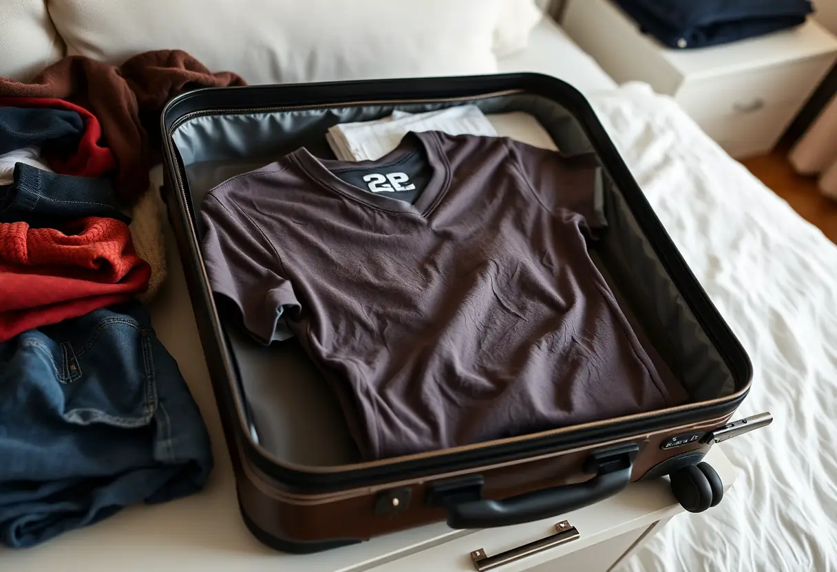 Un T-shirt plié posé dans une valise médium sur une commode dans une chambre