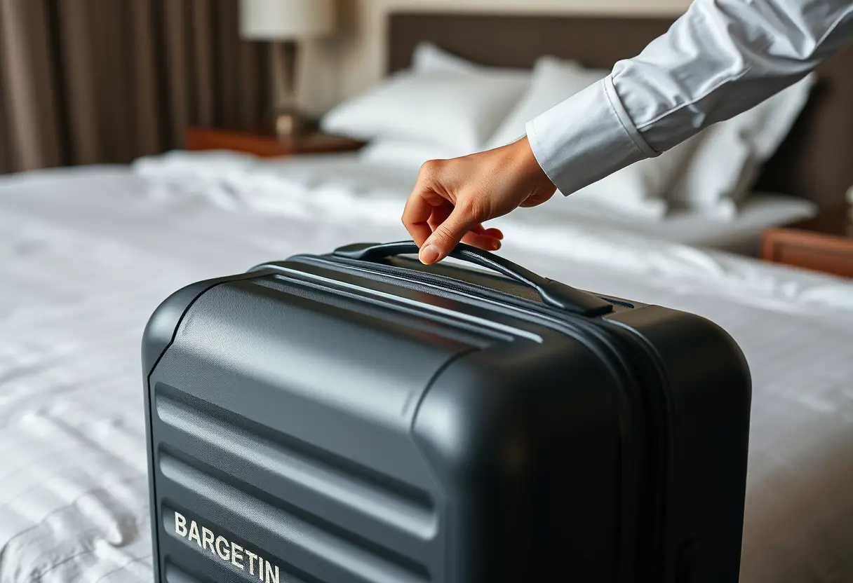 Une main tire la fermeture à glissière d'une valise fermée posée au pied d'un lit dans une chambre d'hôtel