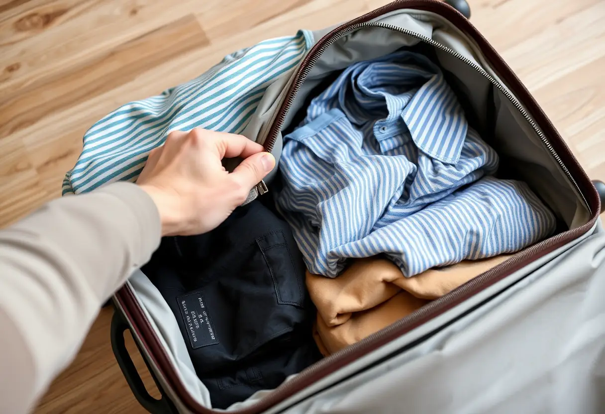Une main referme la fermeture éclair d'une valise douce pleine de vêtements soigneusement pliés.