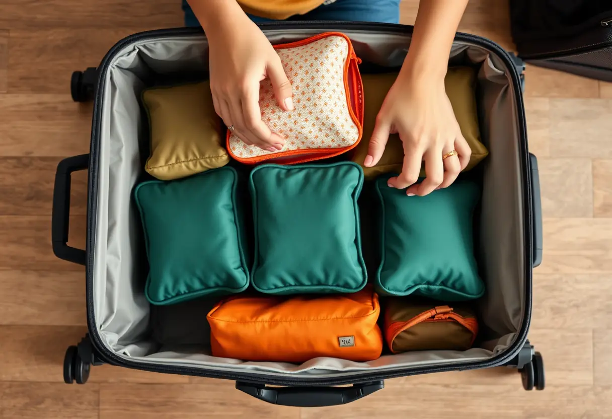 Des mains organisent soigneusement des cubes de rangement à l'intérieur d'une valise moyenne