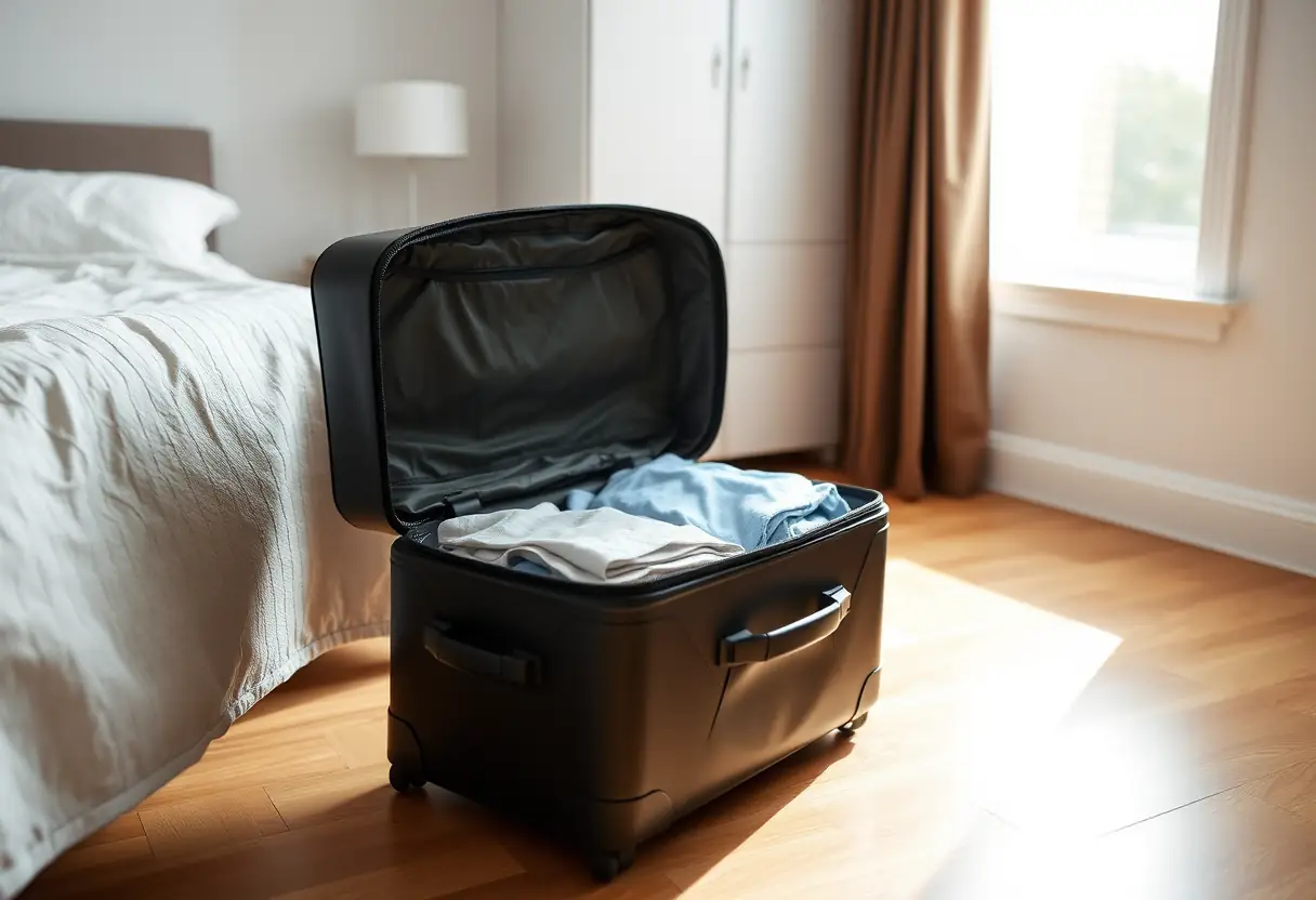 Une valise posée sur le plancher d'une chambre à coucher avec sa fermeture éclair ouverte révélant des vêtements pliés à l'intérieur, la lumière du matin filtre par la fenêtre