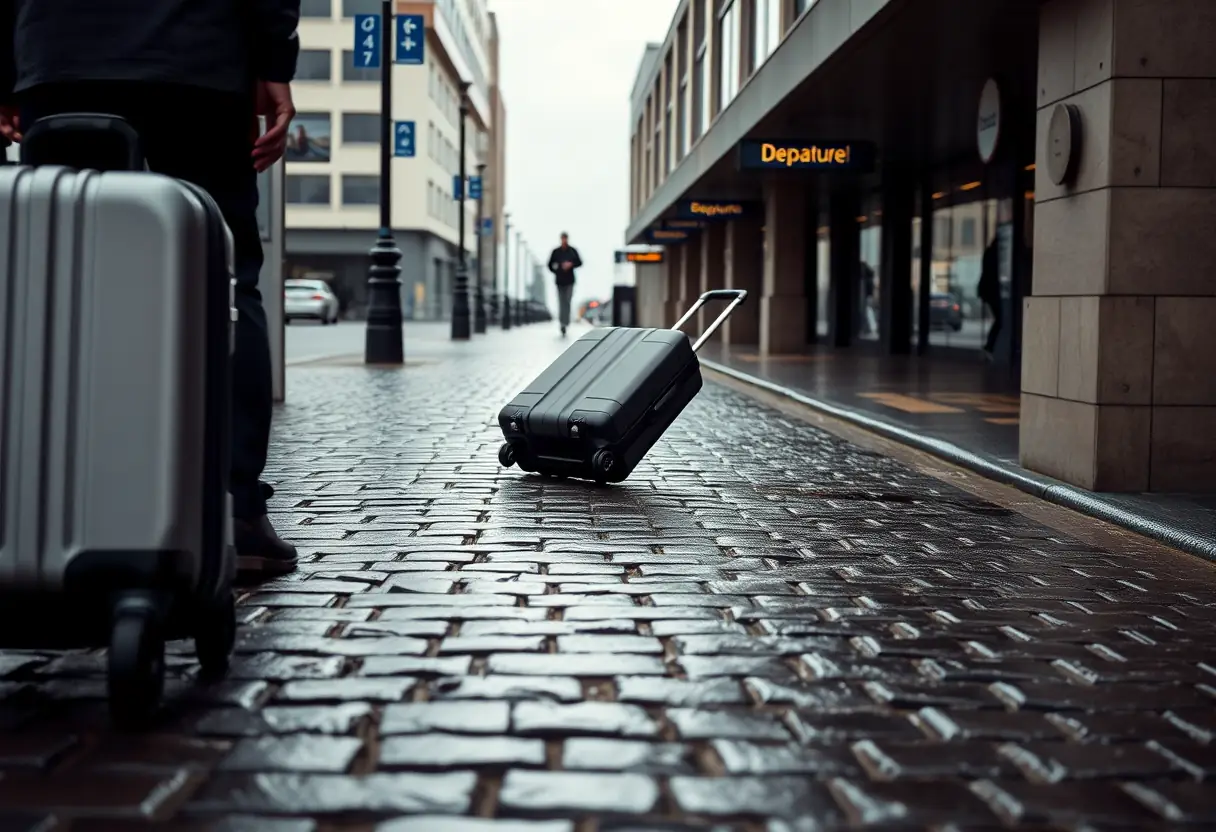 Des roues d'une valise roulant sur des pavés mouillés près du terminal de départ, une silhouette pressée s'éloigne pour attraper son vol