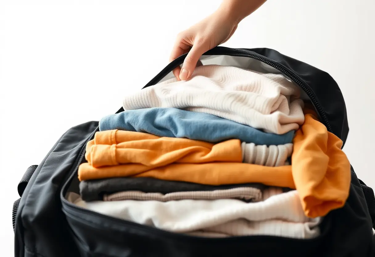 Une main referme la fermeture éclair d'un grand sac de sport contenant des vêtements pliés avec soin.