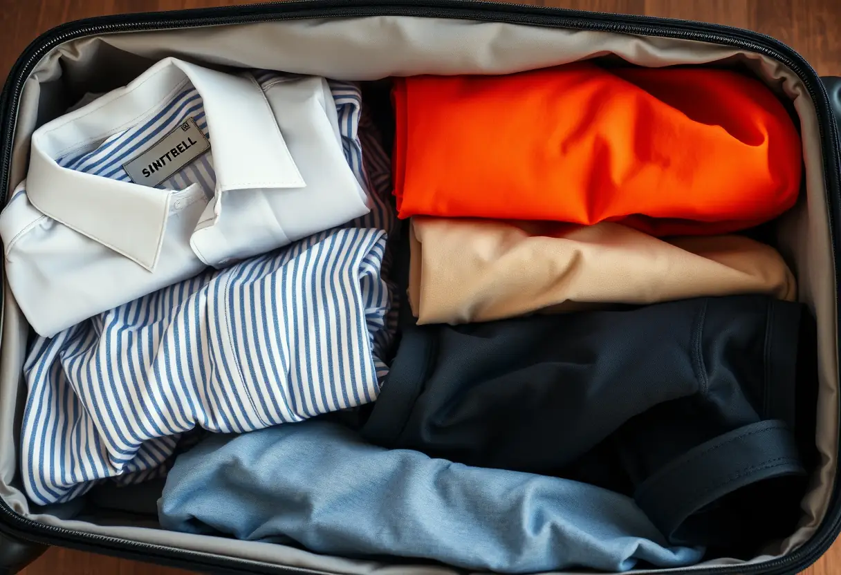 Des vêtements rangés dans une valise en toile avec un aperçu détaillé des chemises et pantalons disposés avec soin.