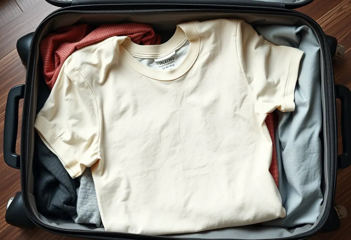 Un tee-shirt plié posé à l'intérieur d'une valise ouverte, montrant des couches bien organisées de vêtements