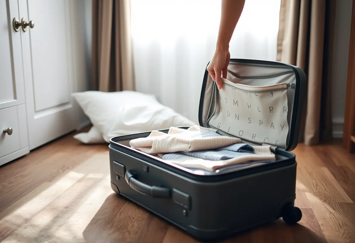 Une main ferme la fermeture éclair d'une valise moyenne posée sur un plancher de chambre, avec des vêtements pliés à l'intérieur.
