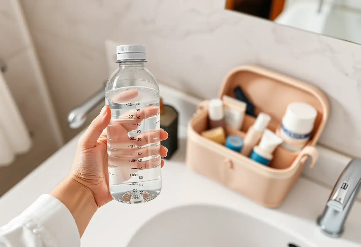 Une main tenant une bouteille d'eau en plastique posée à côté d'un kit de toilette ouvert sur une étagère de salle de bain