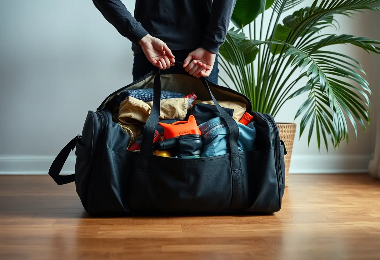 Une silhouette d'une personne fermant la fermeture d'un grand sac de sport rempli de divers objets sur un plancher en bois dur sous une plante tropicale