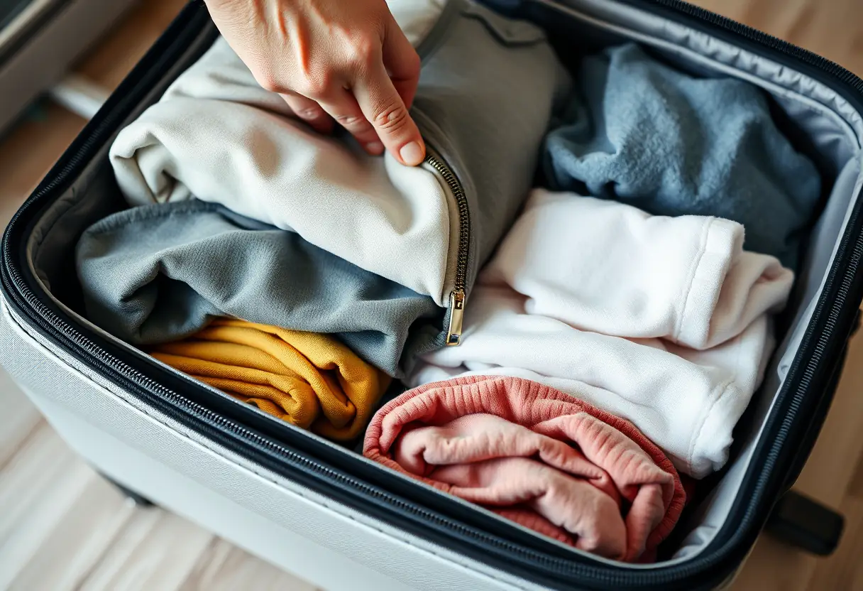 Une main ferme la fermeture éclair d'une valise molletonnée contenant des vêtements pliés avec soin