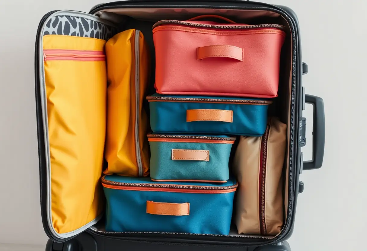 Des cubes de rangement empilés à l'intérieur d'une valise en coque rigide, organisés par couleur et type