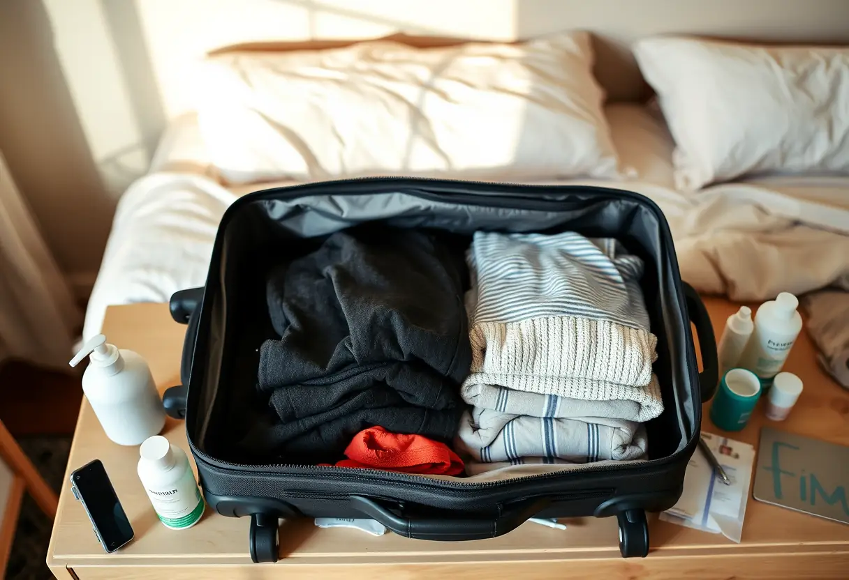 Un tas de vêtements pliés se trouve à l'intérieur d'une valise ouverte, posée sur une commode dans une chambre, entourée de produits de toilette essentiels