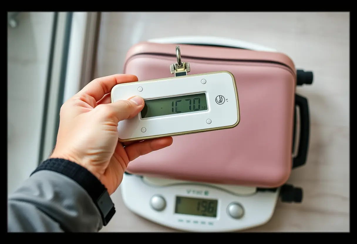 Une main tient un échelle de bagage, en train de mesurer le poids d'une valise pleine posée sur une balance dans la salle de bains