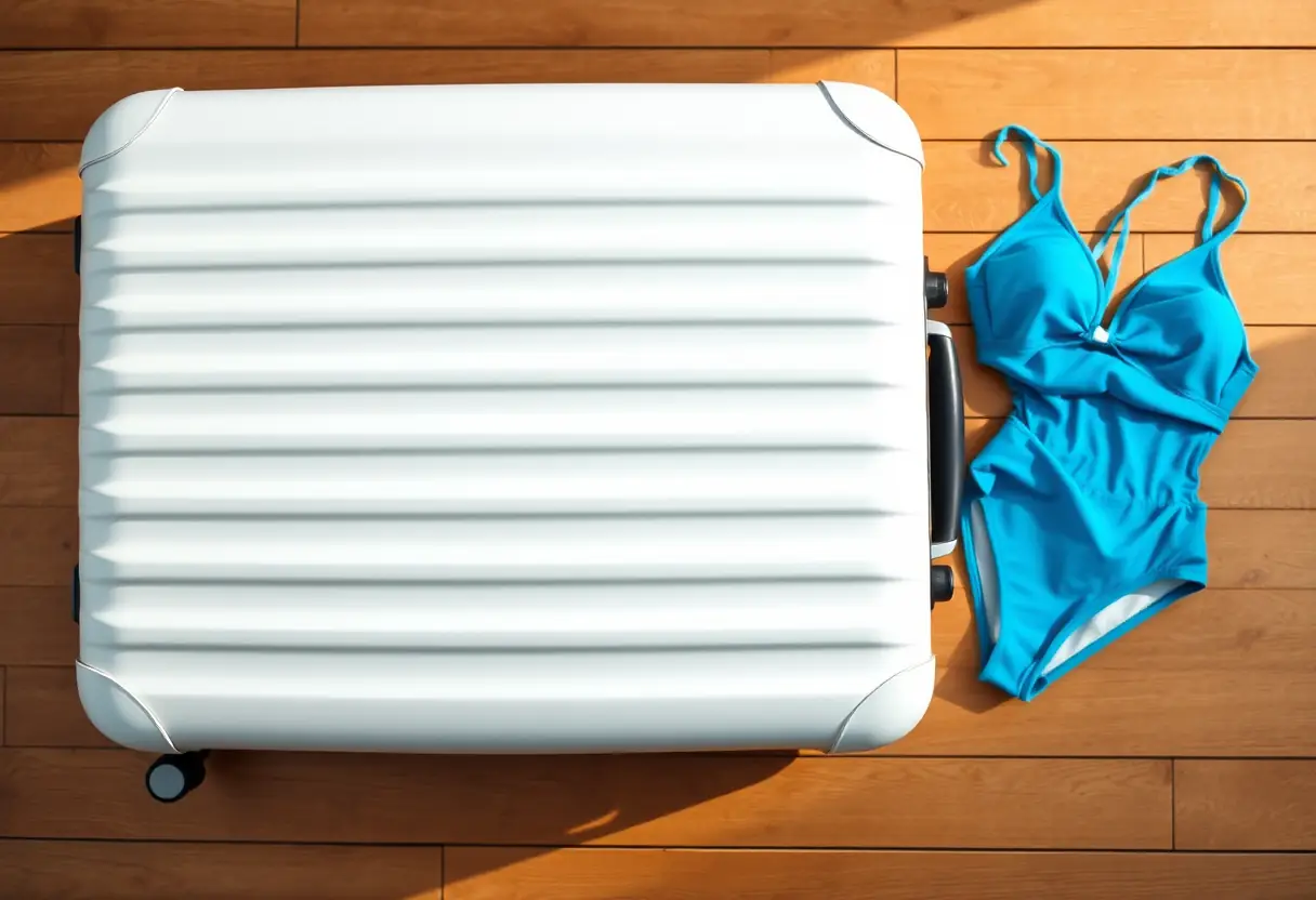 Une valise rectangulaire fermée posée à côté de maillots de bain soigneusement pliés