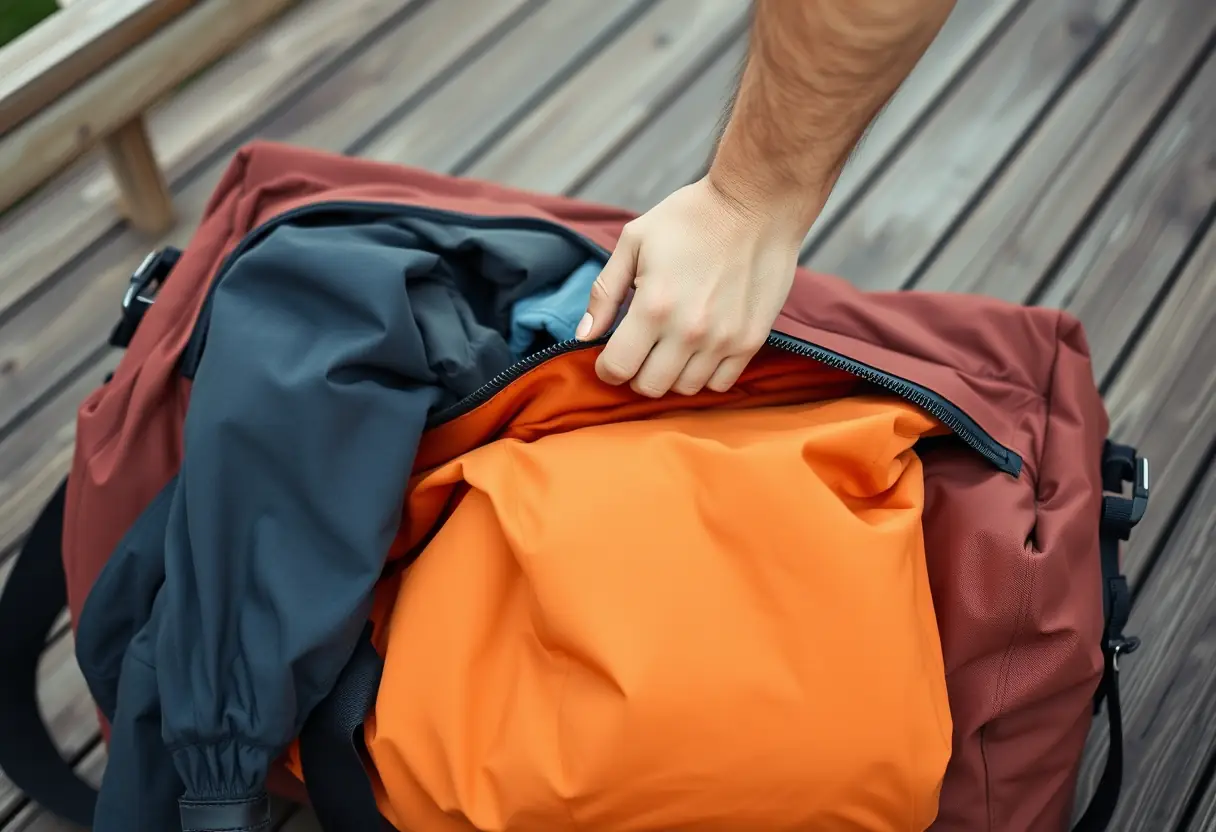 Une main refermant la fermeture éclair d'un grand sac de sport rempli de vêtements, posé sur un plancher en bois