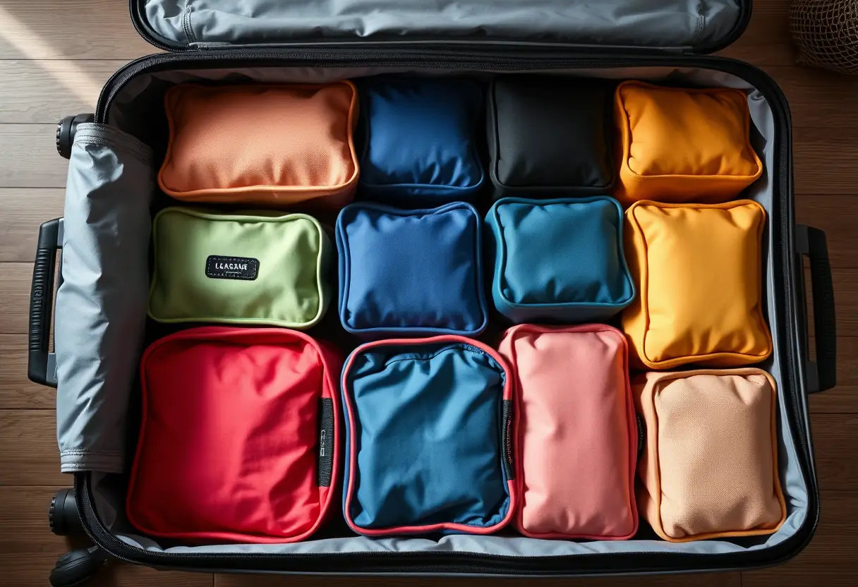 Des cubes de rangement organisés en rangées à l'intérieur d'une valise ouverte, montrant divers compartiments codés par couleur
