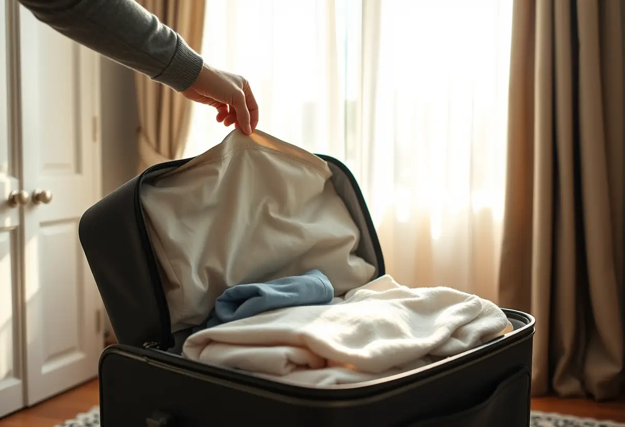 Une main zippant une valise douce remplie de vêtements pliés avec soin dans une chambre, la lumière du matin filtre à travers les rideaux